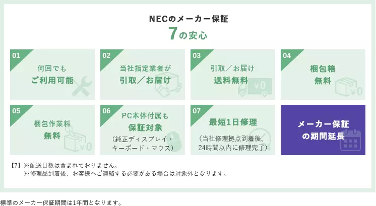 NECのメーカー保証 7の安心