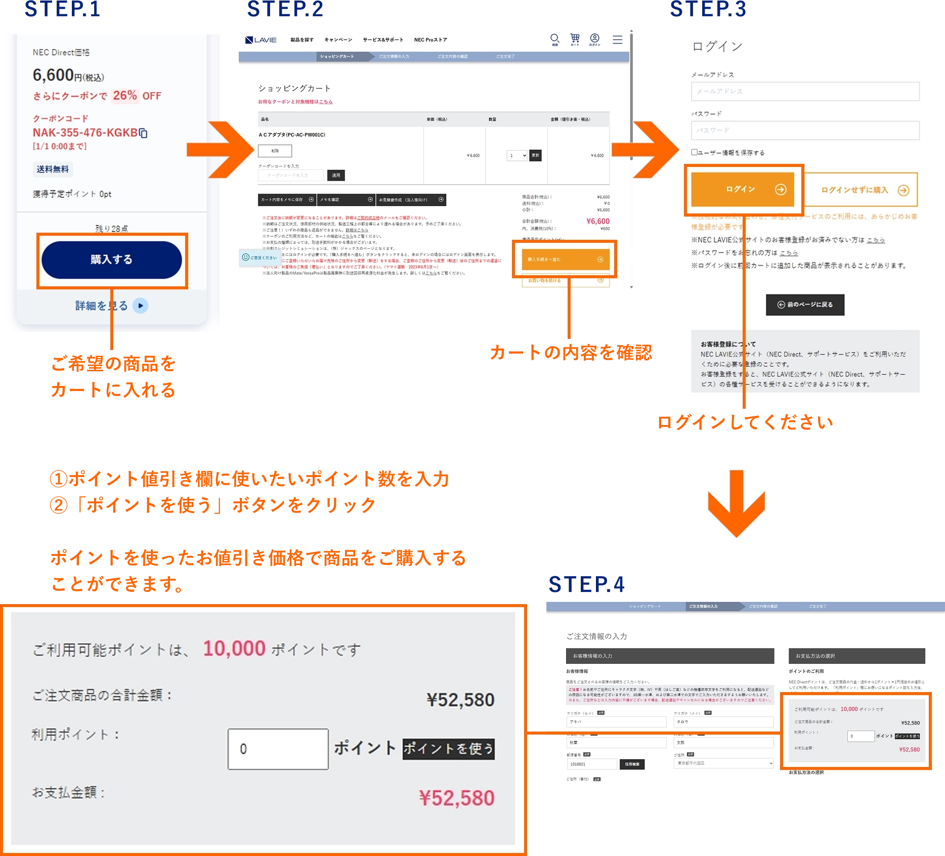 ご希望の商品をカートに入れる→カートの内容を確認→ログイン→ポイント値引き欄に使いたいポイント数を入力・「ポイントを使う」ボタンをクリック→ポイントを使ったお値引き価格で商品をご購入することができます
