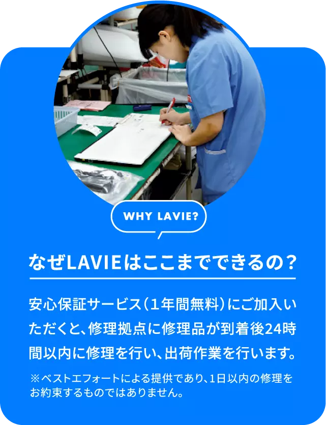 なぜLAVIEはここまでできるの？安心保証サービス（１年間無料）にご加入いただくと、修理拠点に修理品が到着後24時間以内に修理を行い、出荷作業を行います。